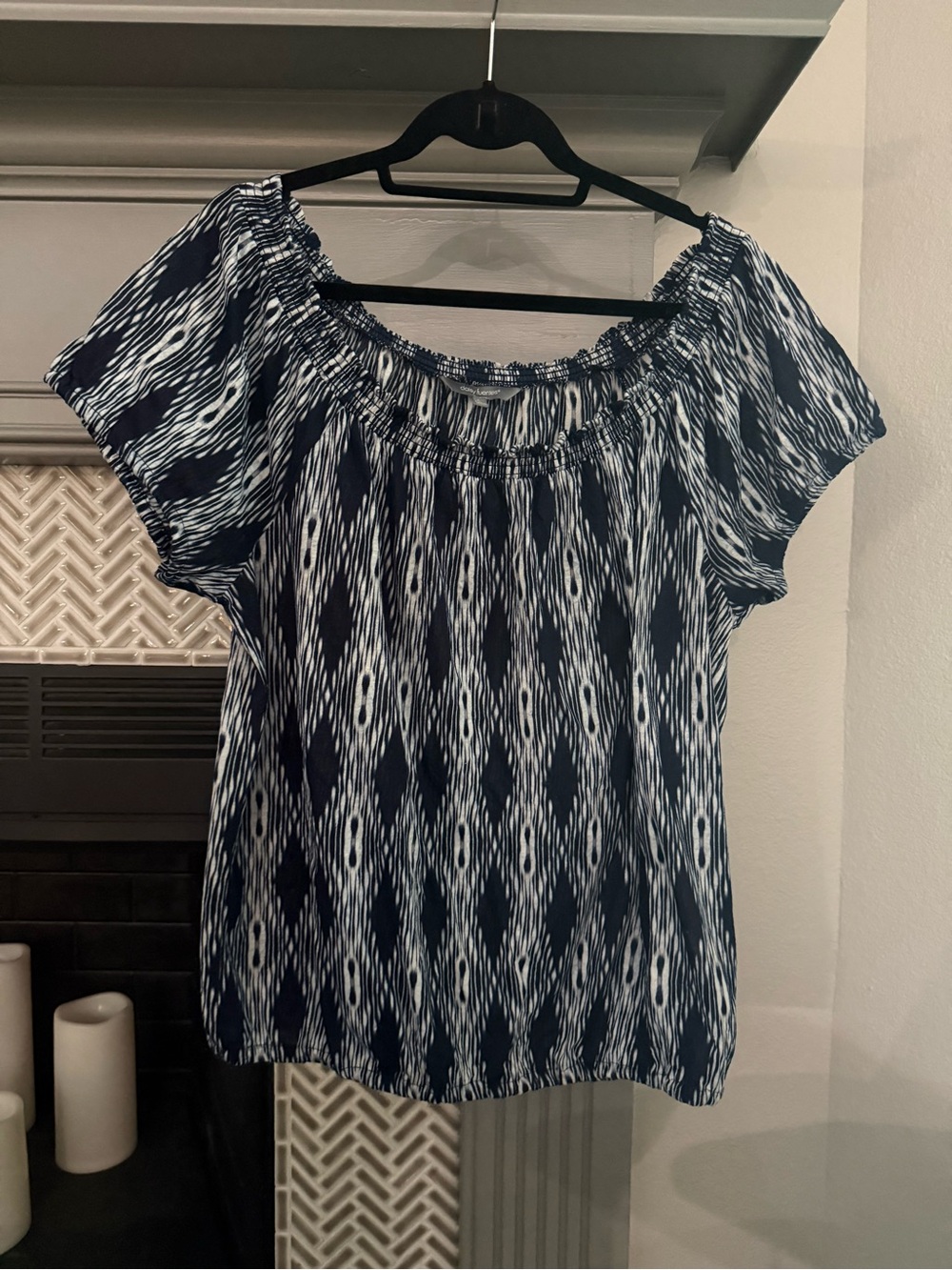 Daisy Fuentes Navy and White Smocked-Neck Short Sleeve Blouse